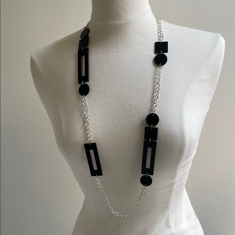 Chic Black Lucid Geometric Design on SilverTone 38”Necklace